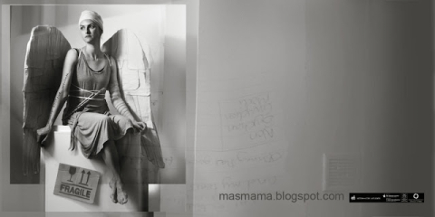 black & white image of woman with wings and bandage on head